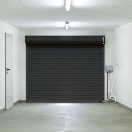 Porte de garage enroulable alu anthracite h212x240cm motorisée, centrale Somfy, vue intérieure