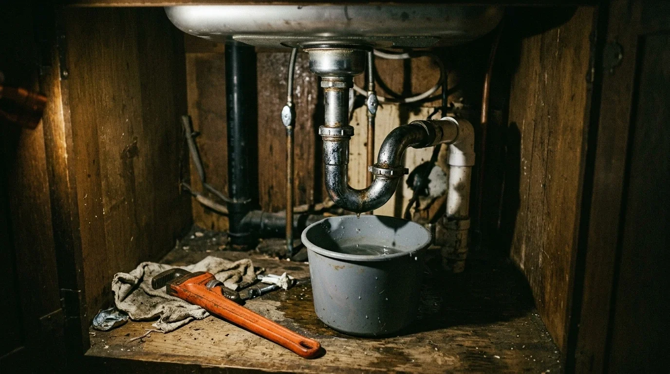 Siphon sous un évier, inspecté avant d’appeler un plombier
