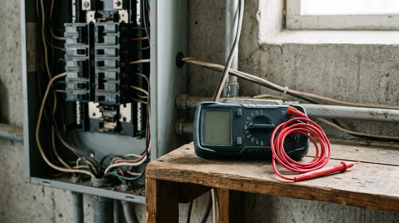 Multimètre posé près d’un tableau électrique