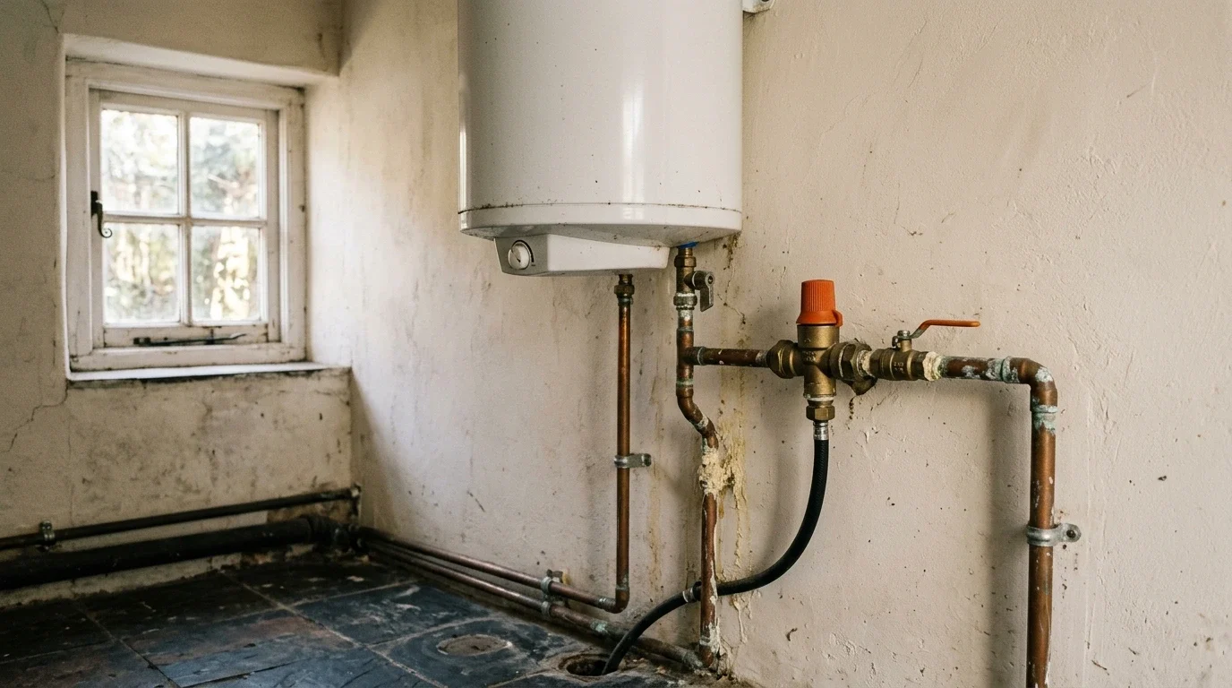 Chauffe-eau électrique dans un cellier, groupe de sécurité visible