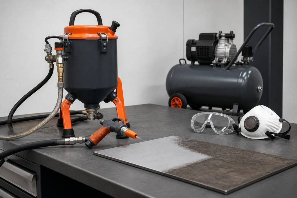 Aérogommeuse avec pistolet et compresseur sur un établi d'atelier
