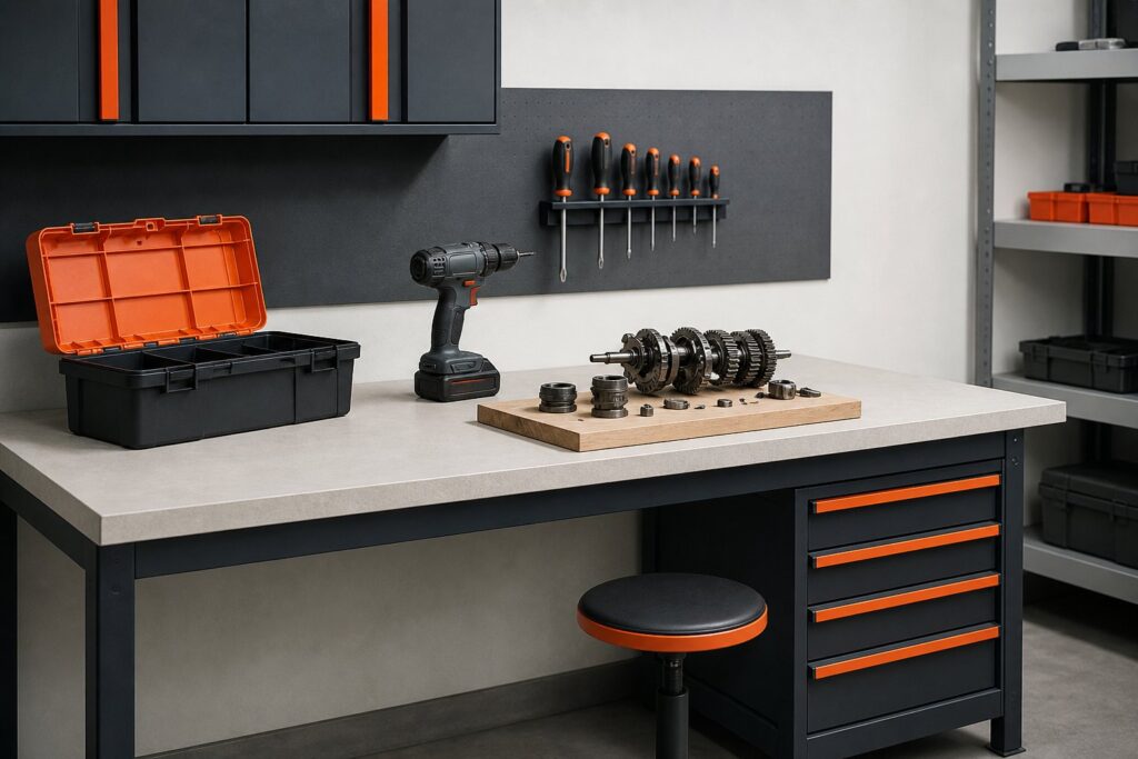 Établi d'atelier bien rangé avec perceuse, tournevis et boîte à outils