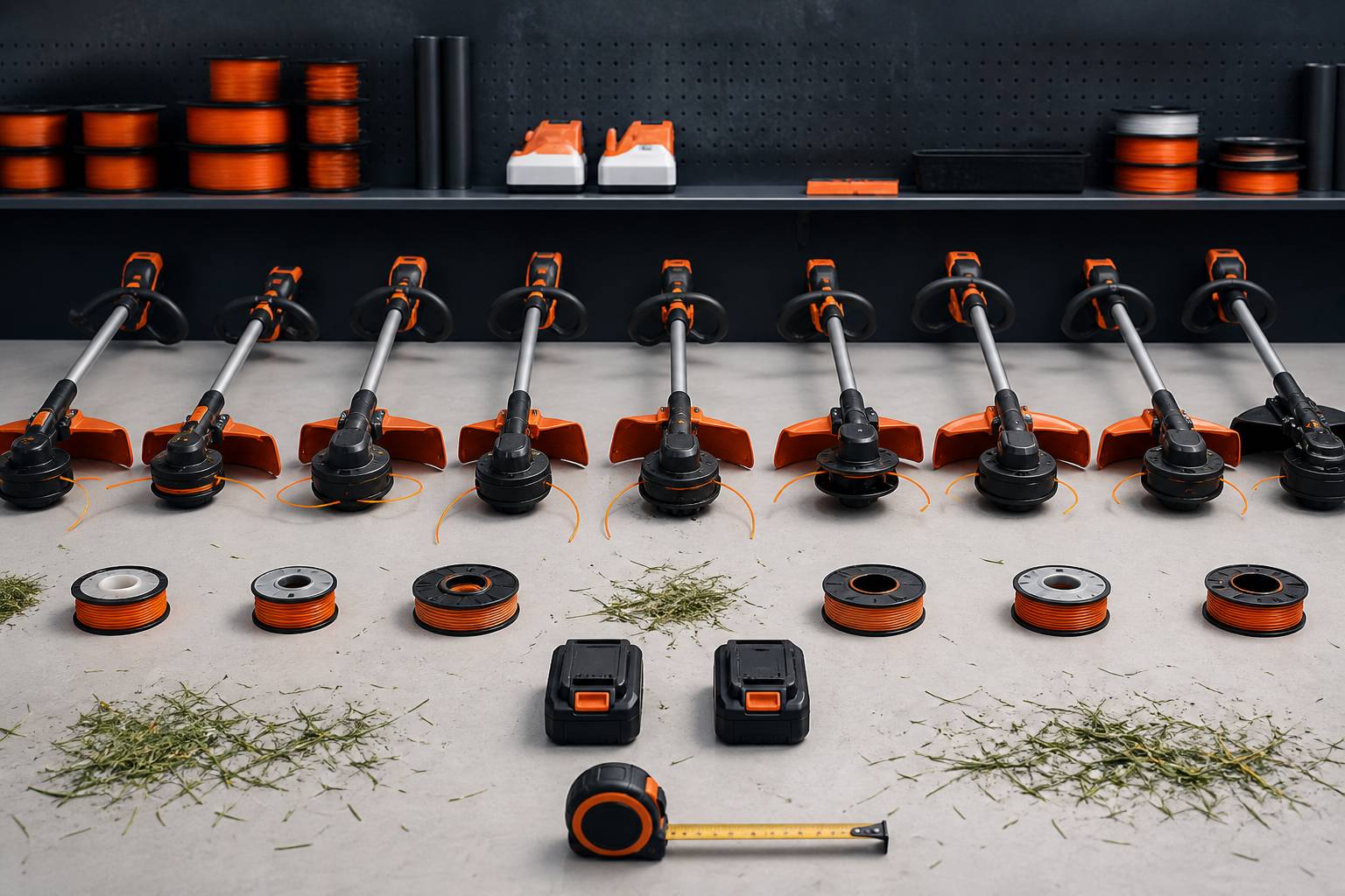 Têtes de coupe-bordure et batteries alignées sur un établi