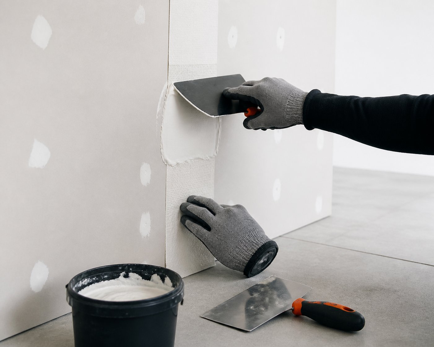 Mains gantées appliquant une bande à joint sur une plaque de plâtre avec une spatule