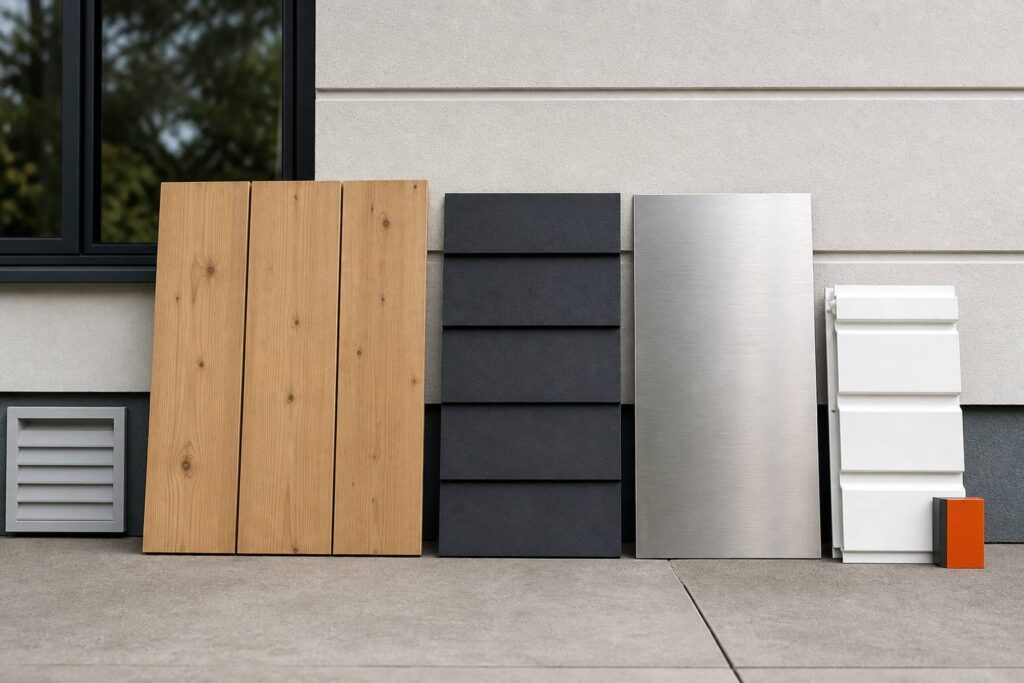 Échantillons de bardage en bois, composite, métal et PVC posés contre une façade