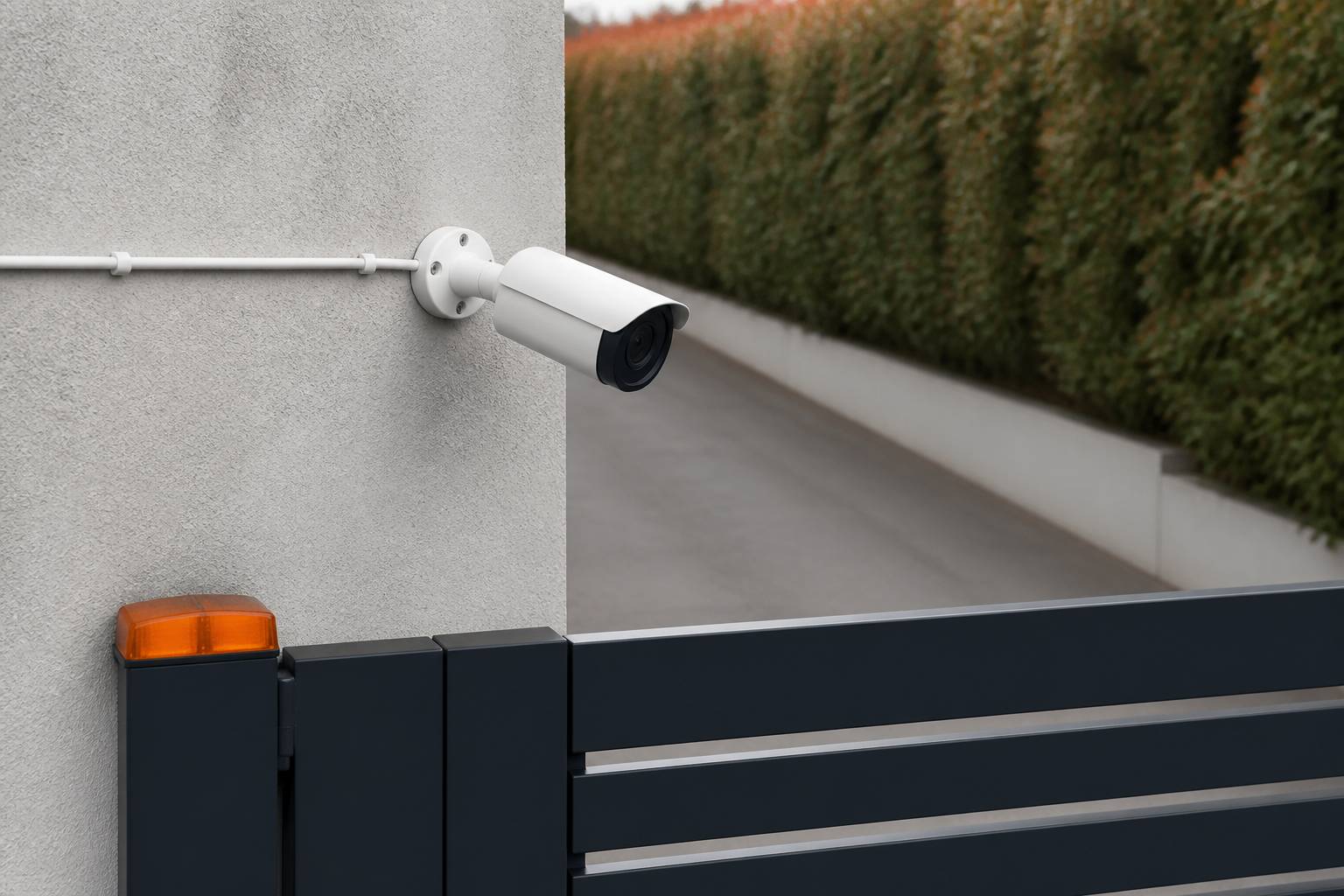 Caméra compacte au-dessus d'un portail cadrant une allée privée