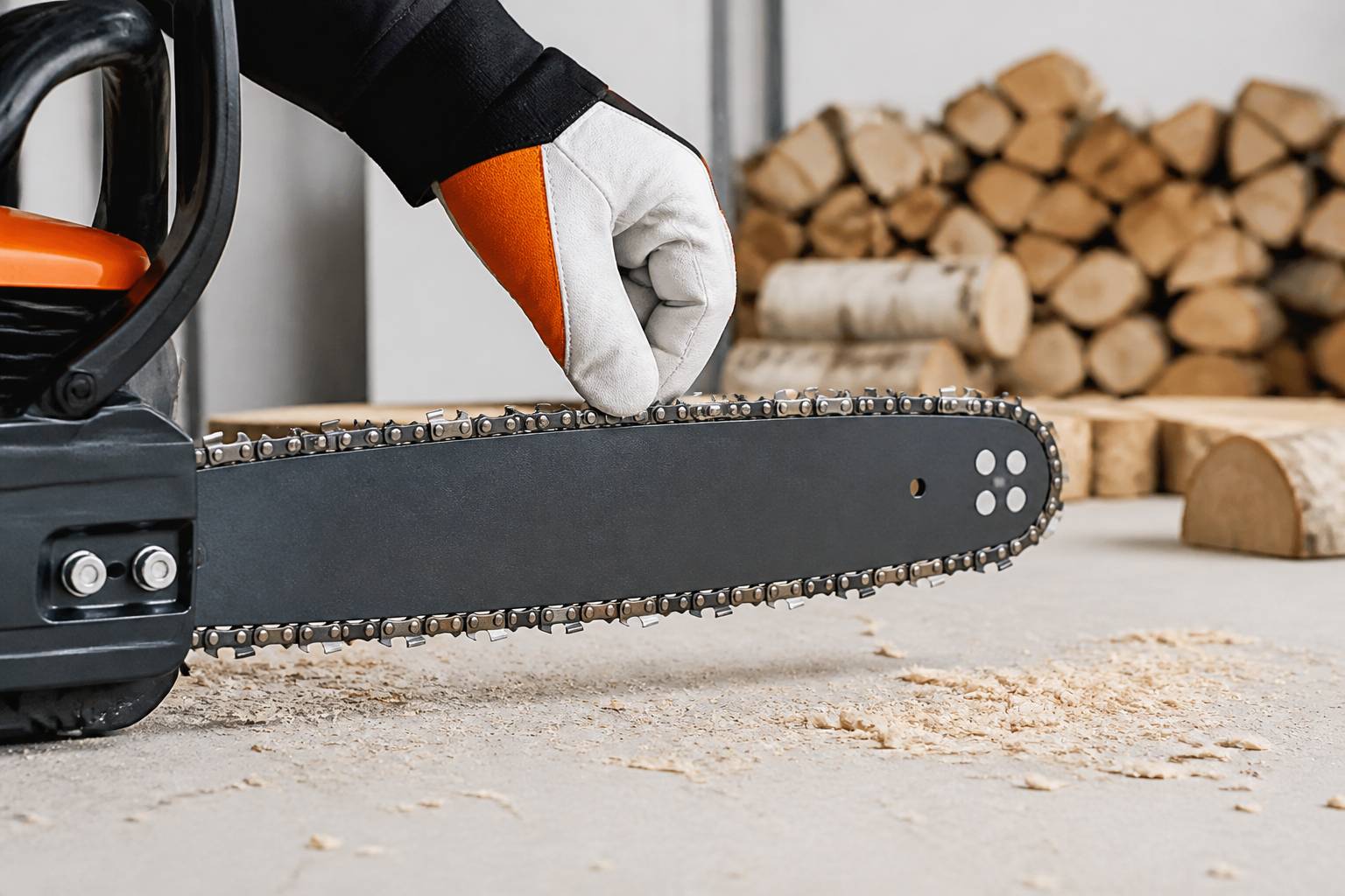 Guide-chaîne d'une tronçonneuse avec copeaux de bois