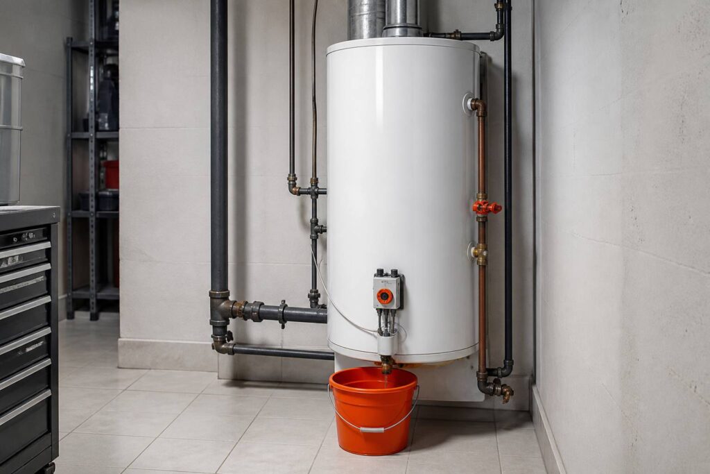 Chauffe-eau à accumulation avec un seau sous la cuve