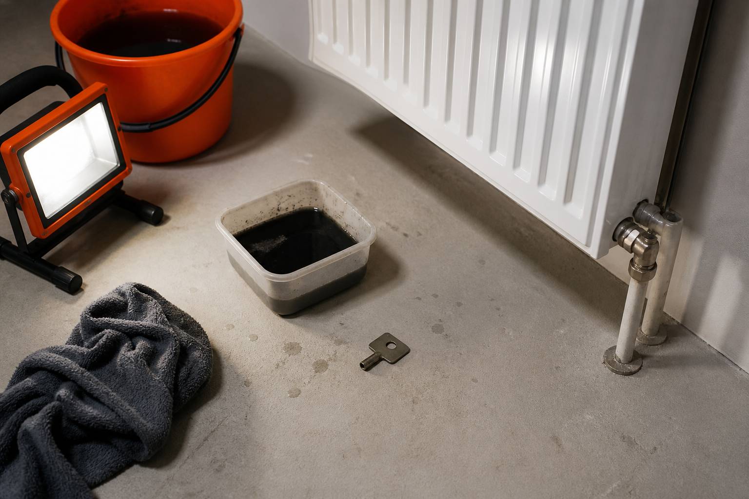 Clé de purge et récipient d'eau noire au sol