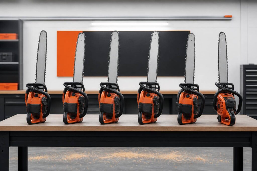 Six tronçonneuses électriques alignées sur un établi d'atelier