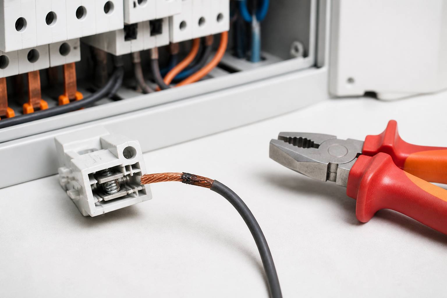 Connexion électrique desserrée avec fils dénudés à vérifier