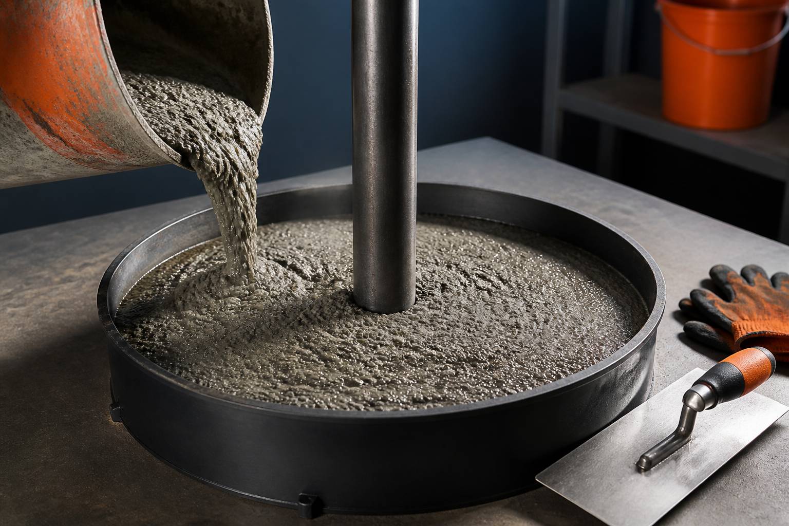 Béton coulé dans un moule autour d'un tube en acier avec une truelle de lissage