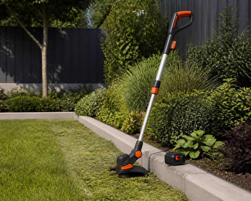 Coupe-bordure sans fil posé près d'une bordure de jardin
