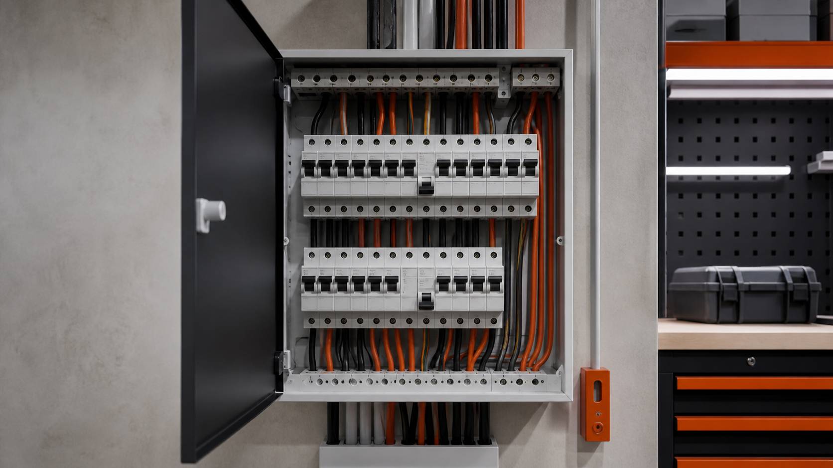 Disjoncteur à manette abaissée dans un tableau électrique ouvert