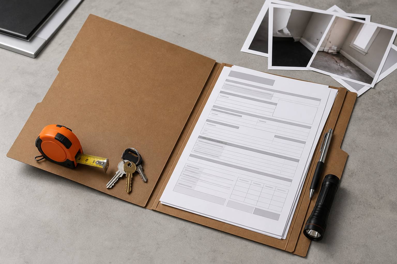 Dossier de déclaration de vol avec stylo et lampe sur une table