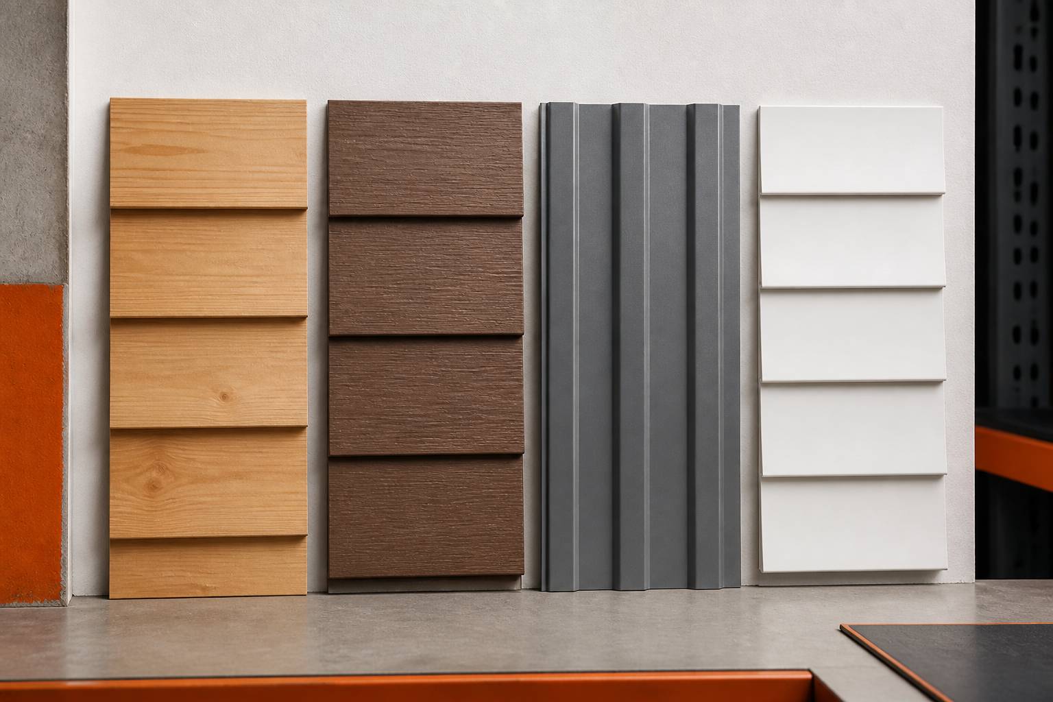 Lames de bardage alignées en bois clair, composite, métal gris et PVC blanc