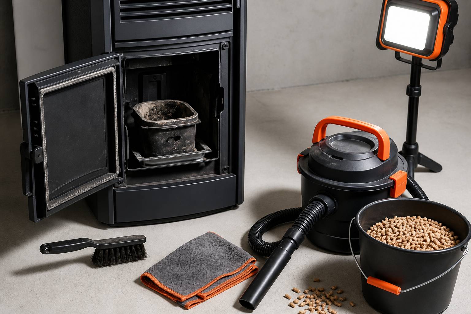 Creuset de poêle nettoyé avec brosse et seau