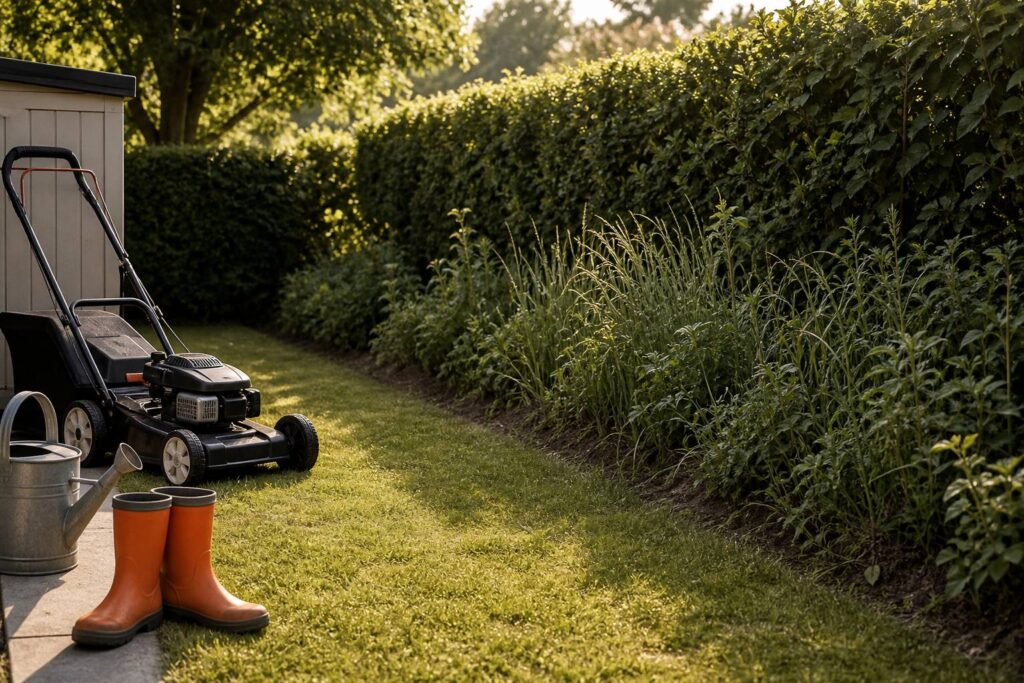 Pelouse de jardin en bordure d'herbes hautes à l'été