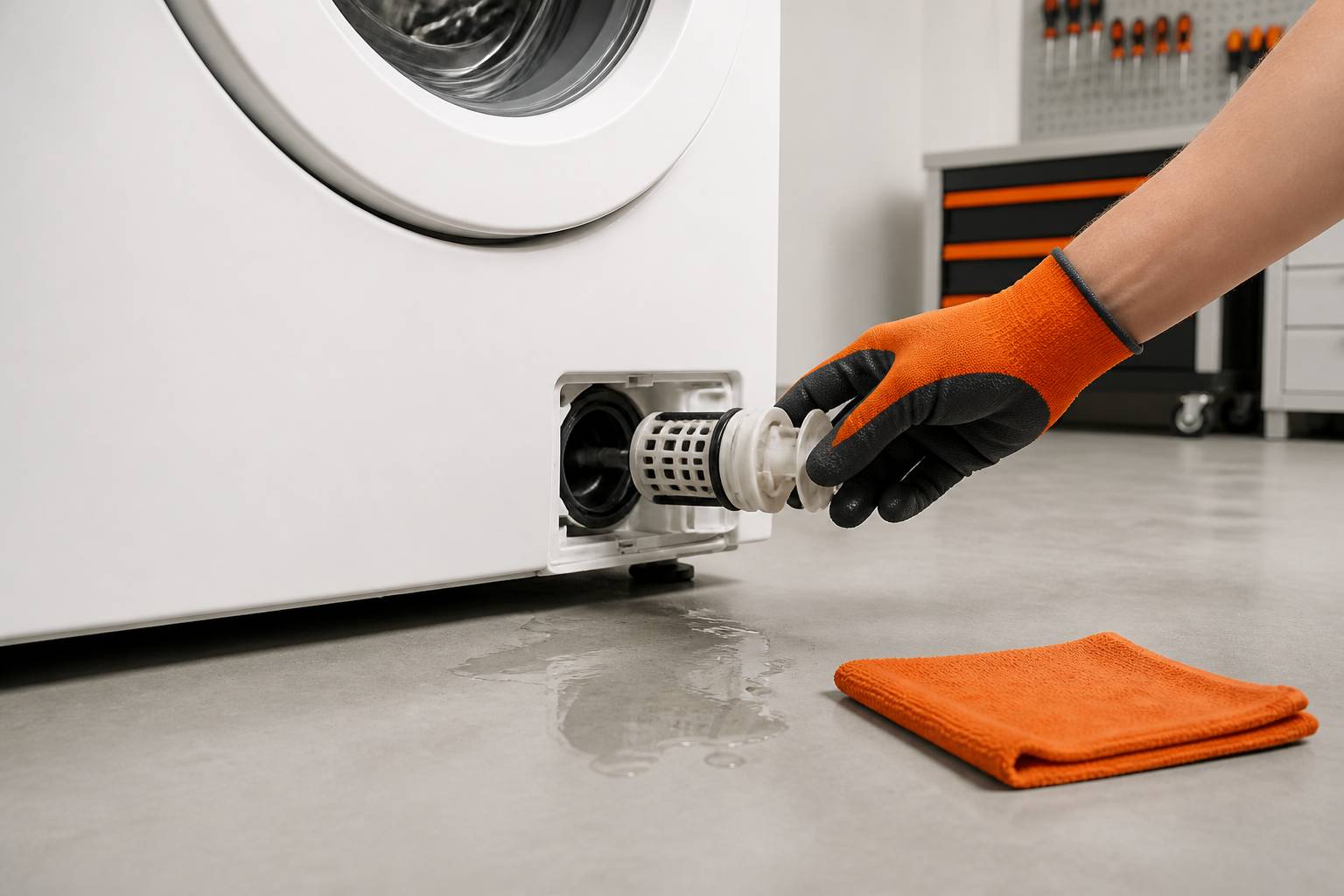 Main gantée retirant le filtre d'un lave-linge avec un chiffon au sol