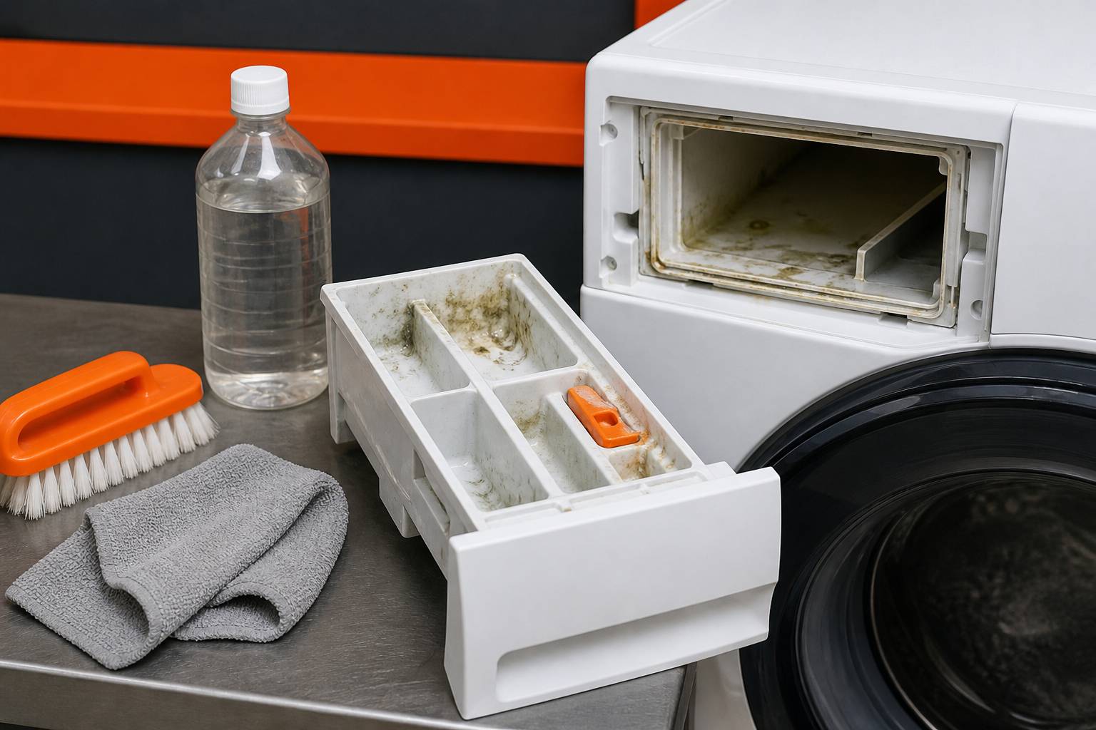 Bac à lessive de lave-linge ouvert nettoyé avec une brosse