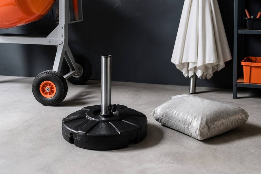 Moule de pied de parasol avec un tube en acier et un sac de béton dans un atelier