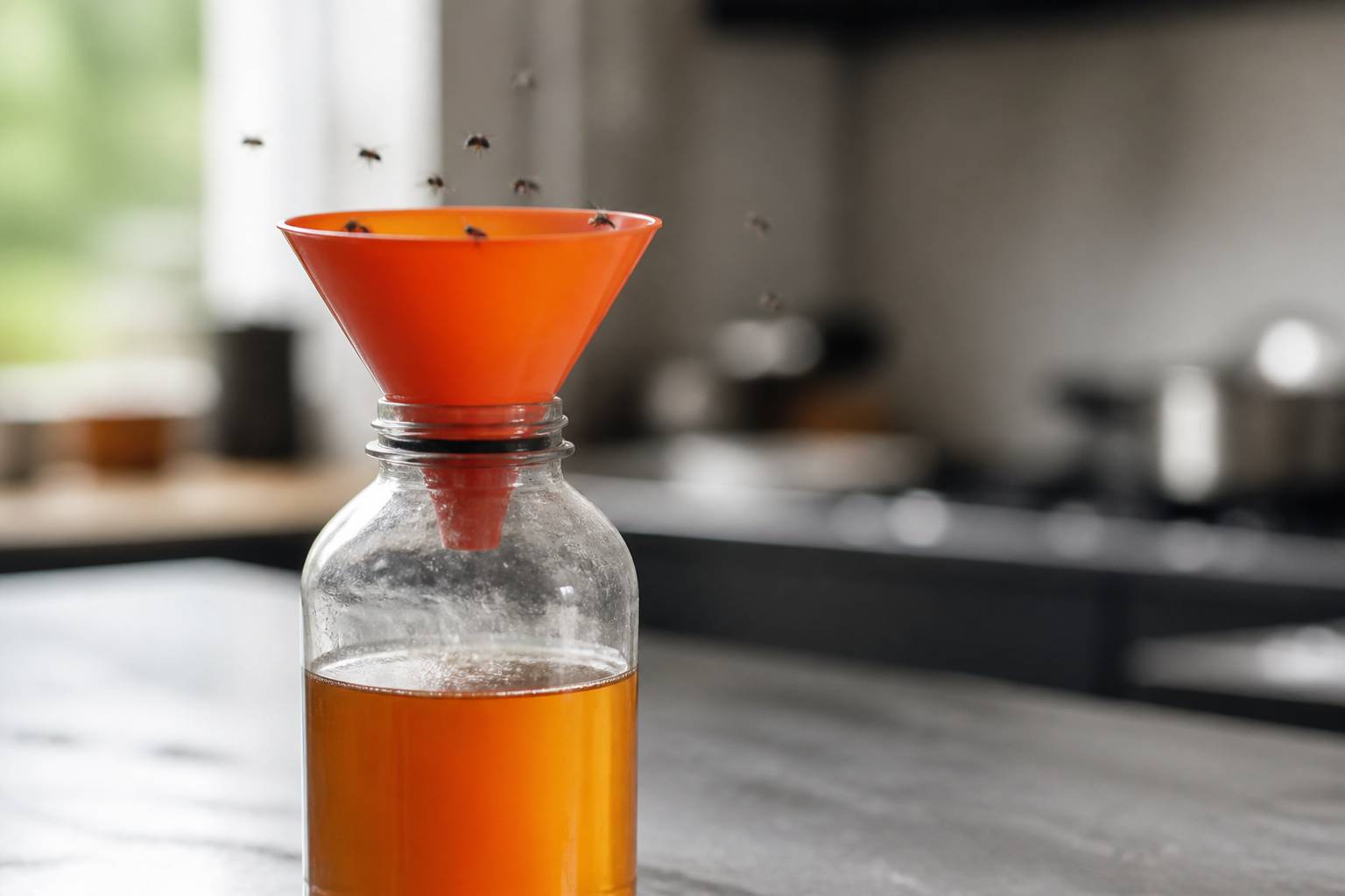 Gros plan sur l'entonnoir d'un piège à mouches contenant un liquide de fermentation ambré