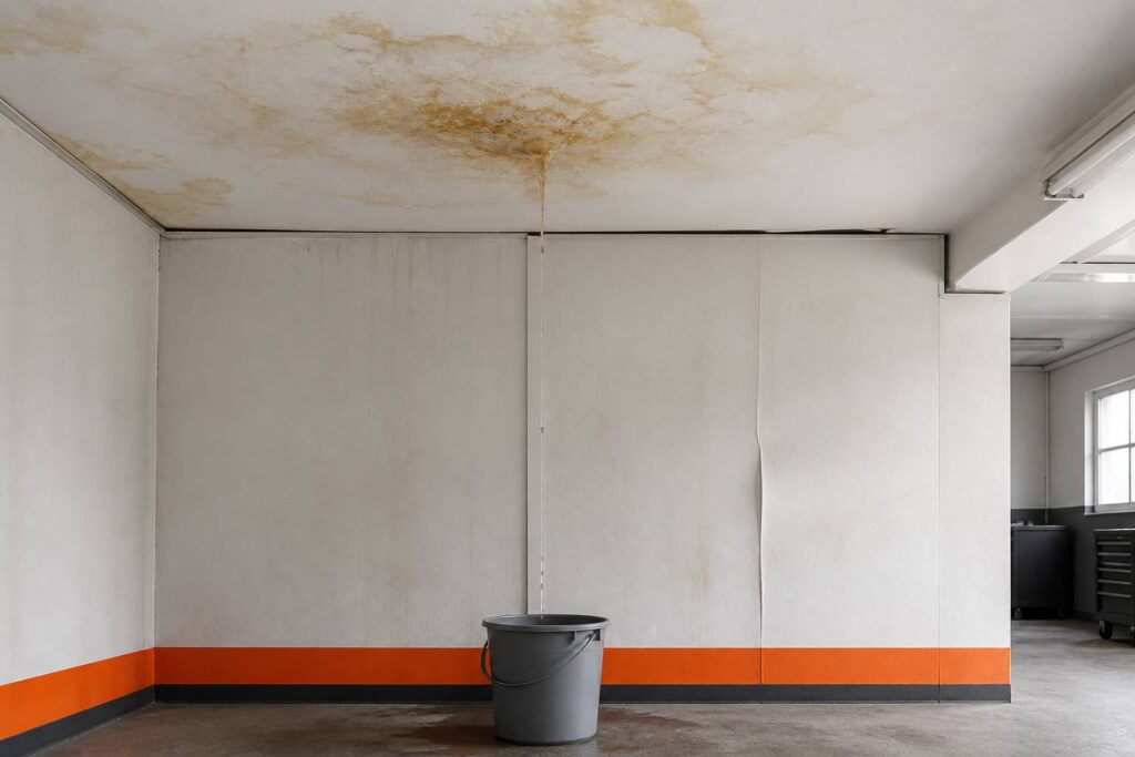 Tache d'humidité jaunâtre sur un plafond après un dégât des eaux