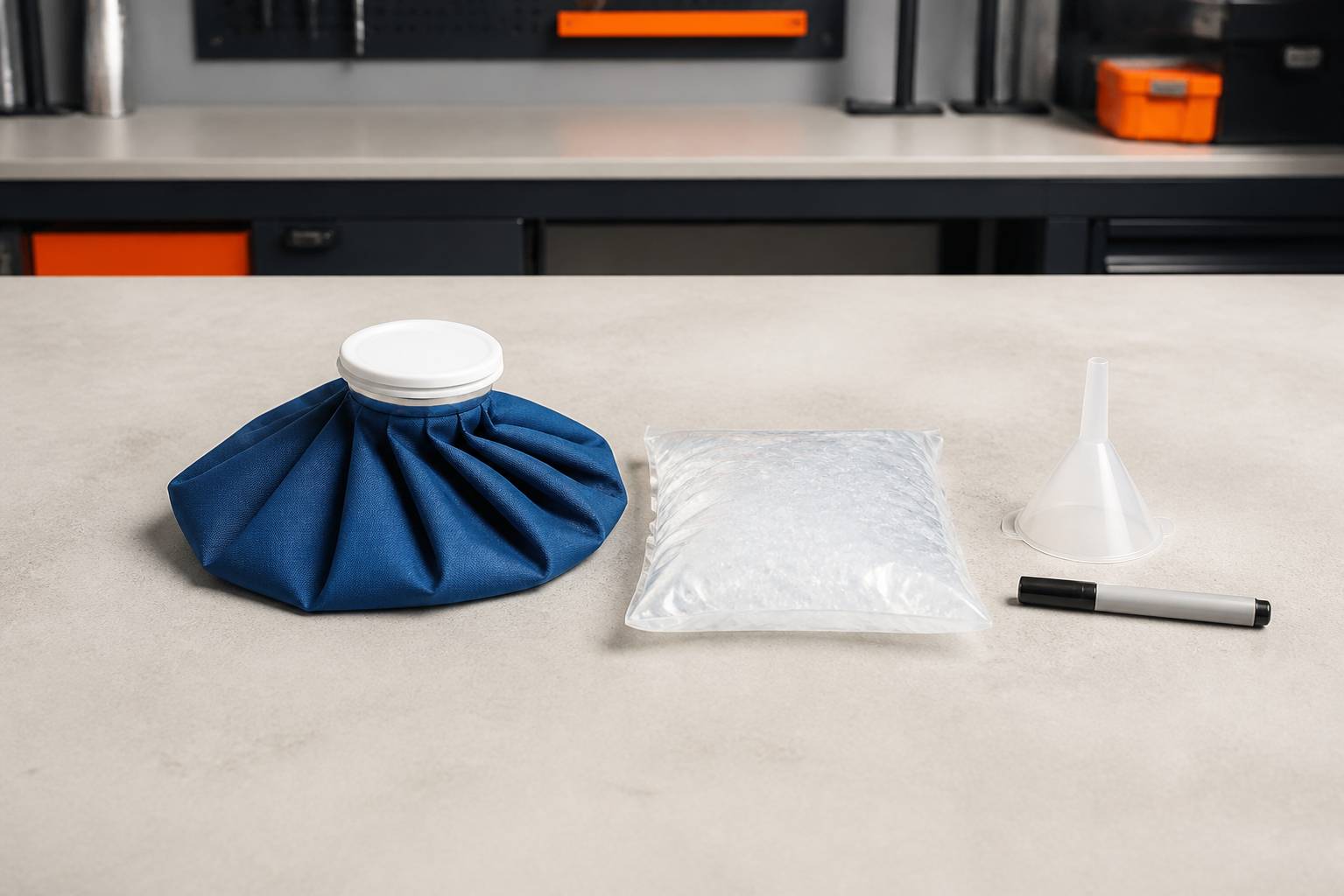 Poche de glace en tissu bleu avec sachet de gel translucide et entonnoir