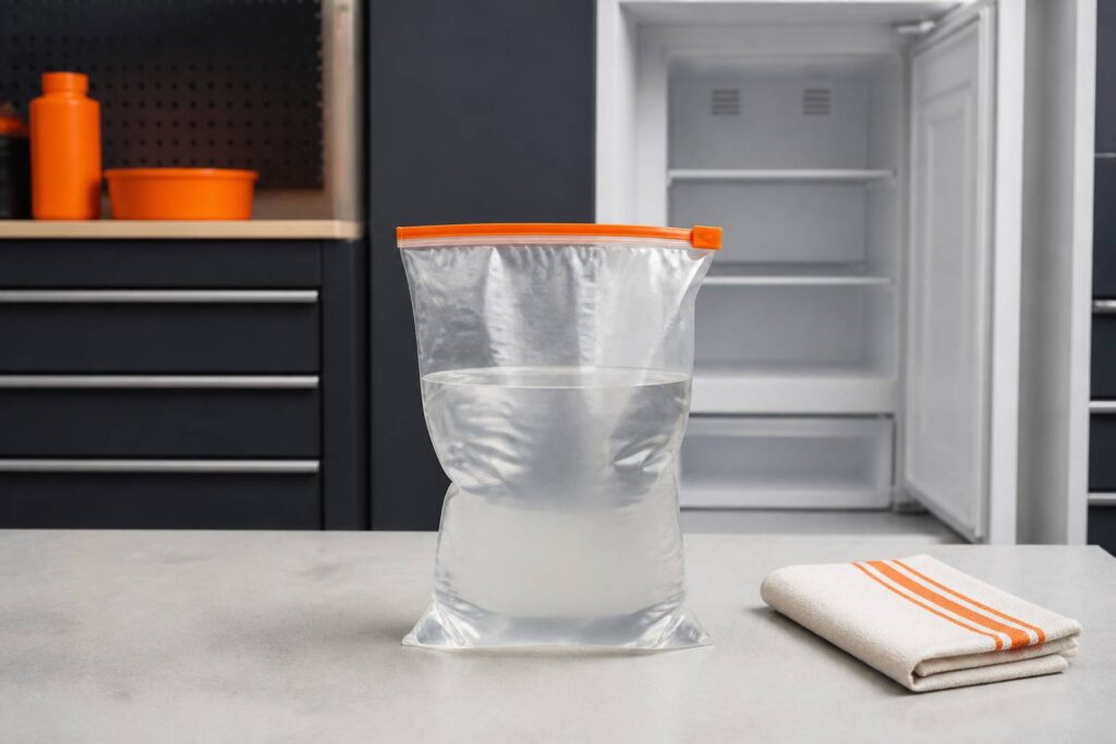 Sachet congélation rempli d'eau posé sur un plan de travail de cuisine