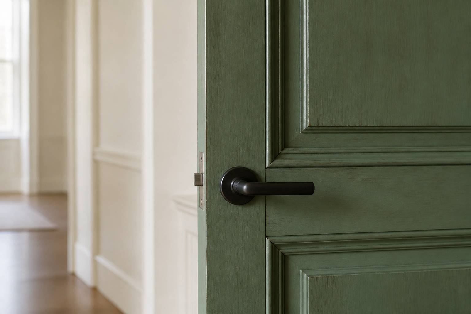 Poignée de porte intérieure et battant en bois avec finitions