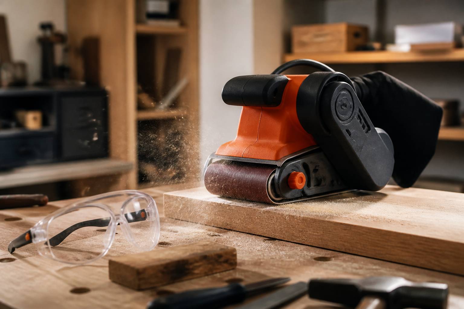 Ponceuse à bande en cours d'utilisation sur une planche de bois avec copeaux et lunettes de protection