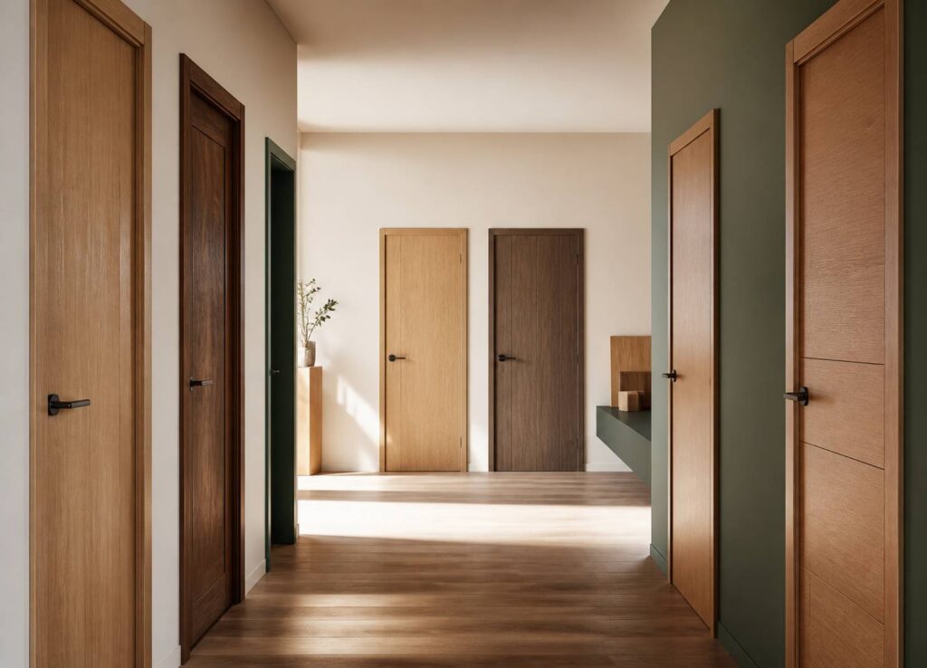 Couloir lumineux avec des portes intérieures en bois et poignées