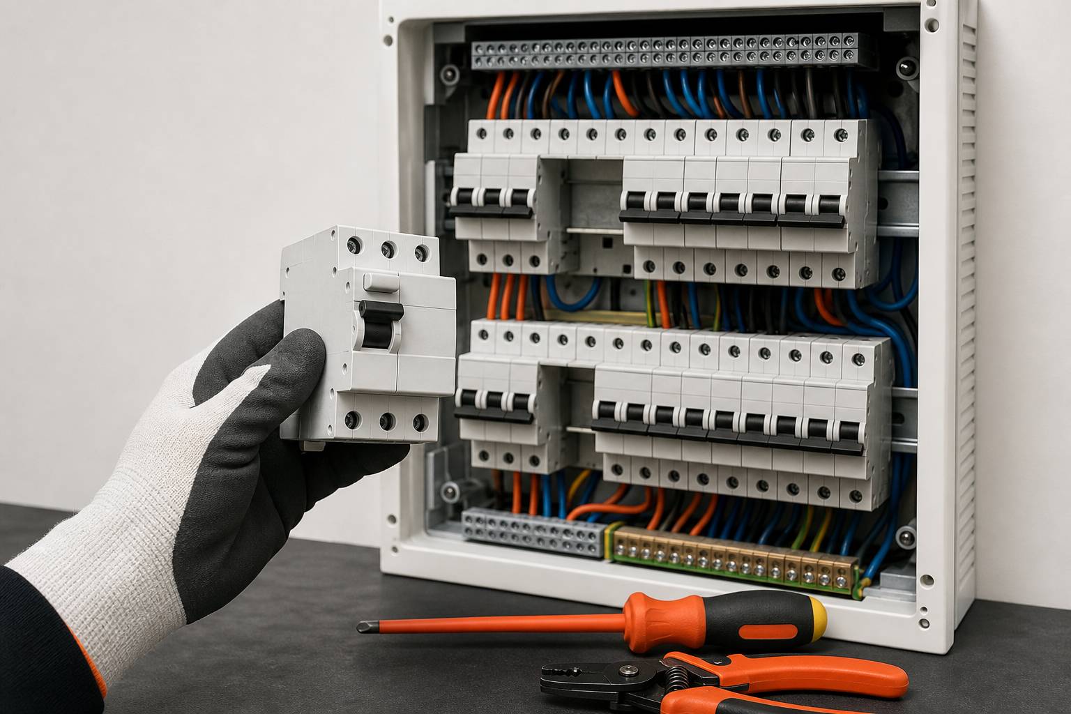 Remplacement d'un disjoncteur différentiel dans un tableau avec outillage