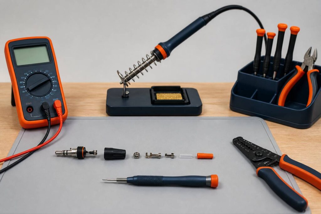 Prise jack audio ouverte sur un établi avec fer à souder, tournevis de précision et multimètre