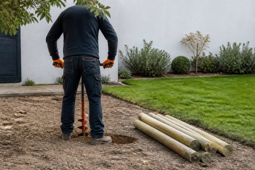 Tarière manuelle plantée dans la terre d'un jardin avec des poteaux de clôture en attente