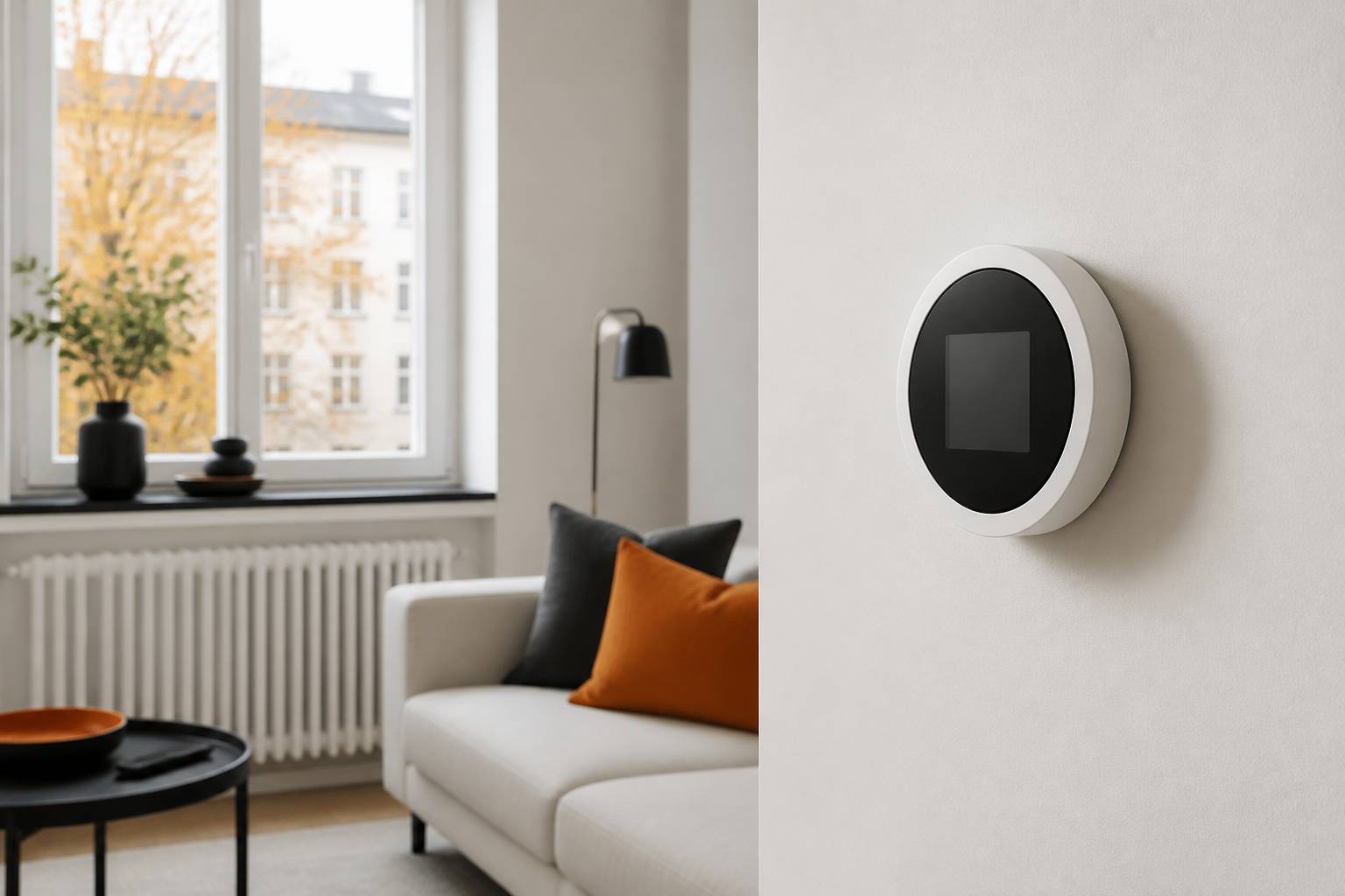 Thermostat mural avec des radiateurs à eau chaude dans une pièce