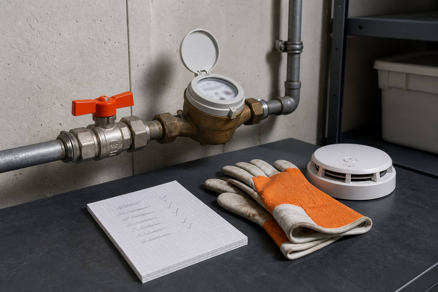 Vanne d'arrivée d'eau et compteur avec une liste de vérifications