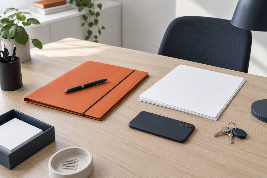 Bureau ordonne avec chemise cartonnee, stylo et formulaires vierges