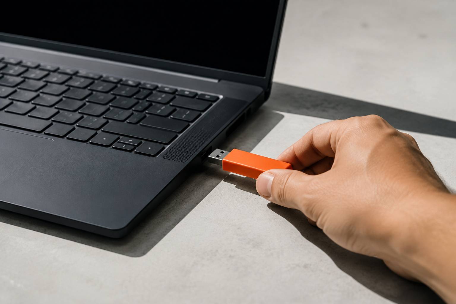Main insérant une clé USB orange dans un ordinateur portable, étape d'installation