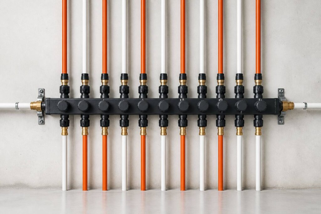 Collecteur de plomberie PER fixé au mur avec vannes et départs de tubes