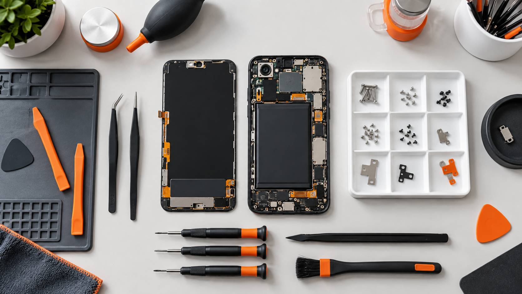 Etabli de reparation avec smartphone ouvert, ecran detache et outils de precision