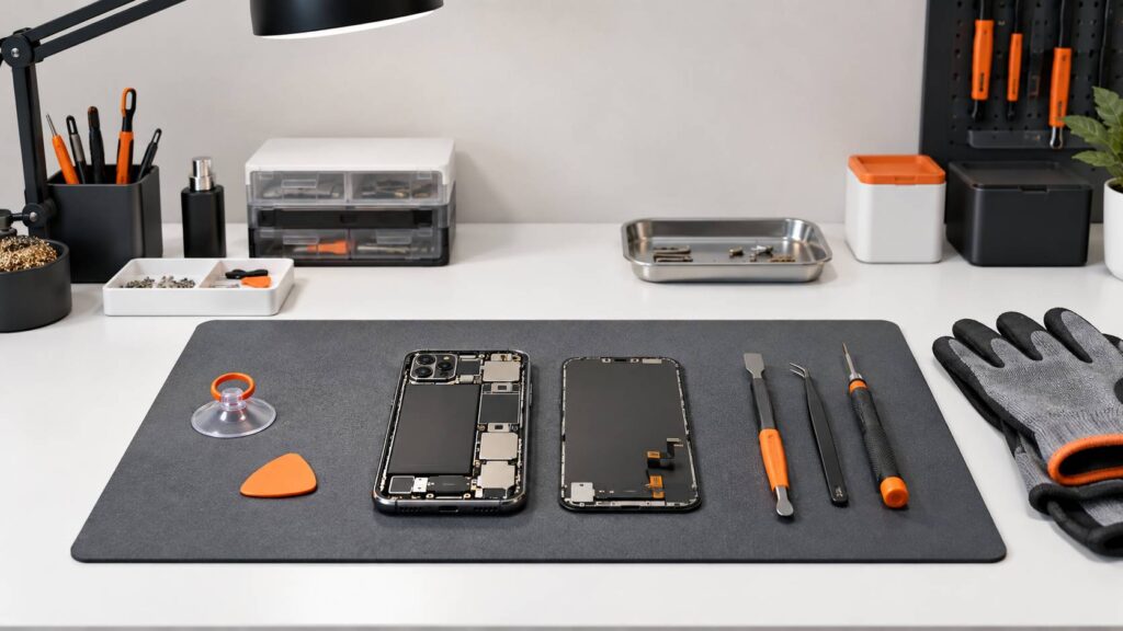 Etabli de reparation avec smartphone ouvert, ecran detache et outils de precision