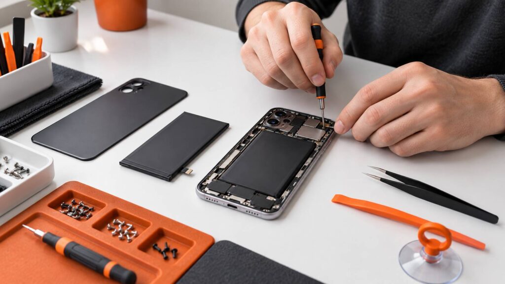 Illustration éditoriale du sujet : Comment remplacer la batterie de votre iPhone 13 : guide pratique et conseils