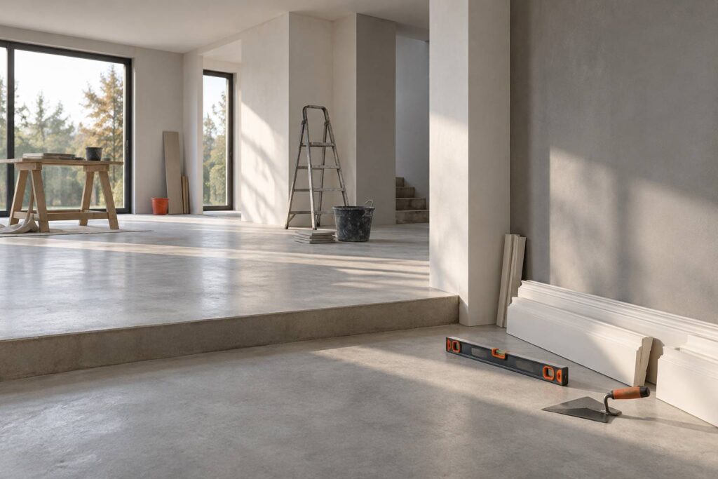 Interieur en travaux avec sol a deux niveaux et plinthes demontees contre un mur