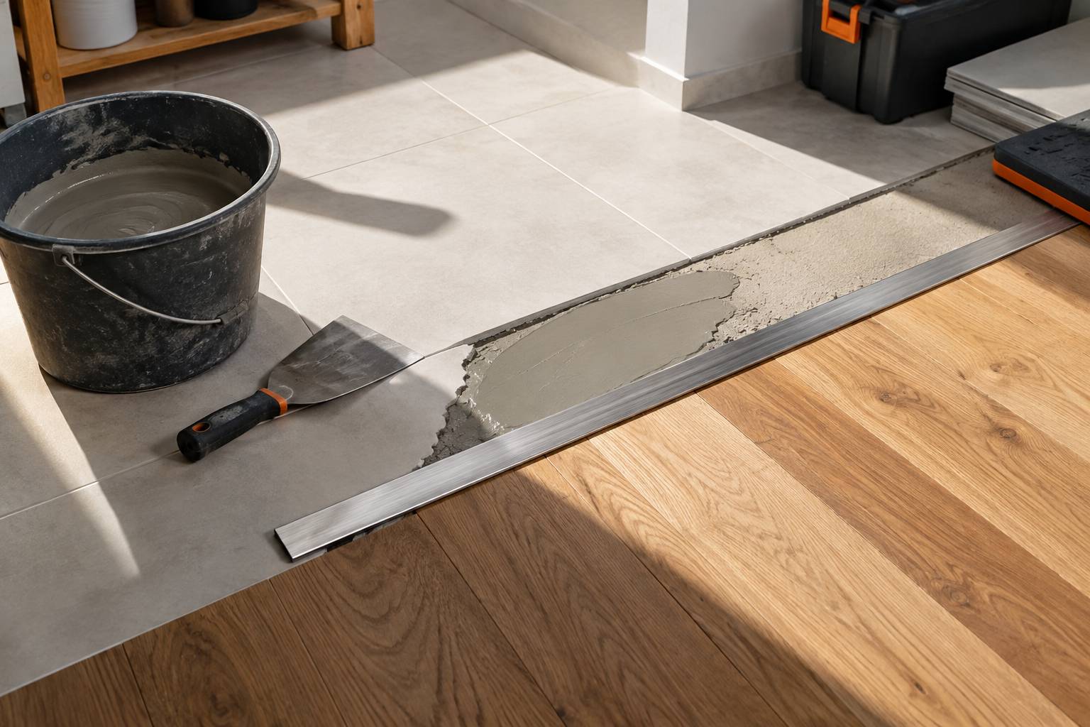 Jonction de carrelage et parquet avec barre de seuil et ragreage frais