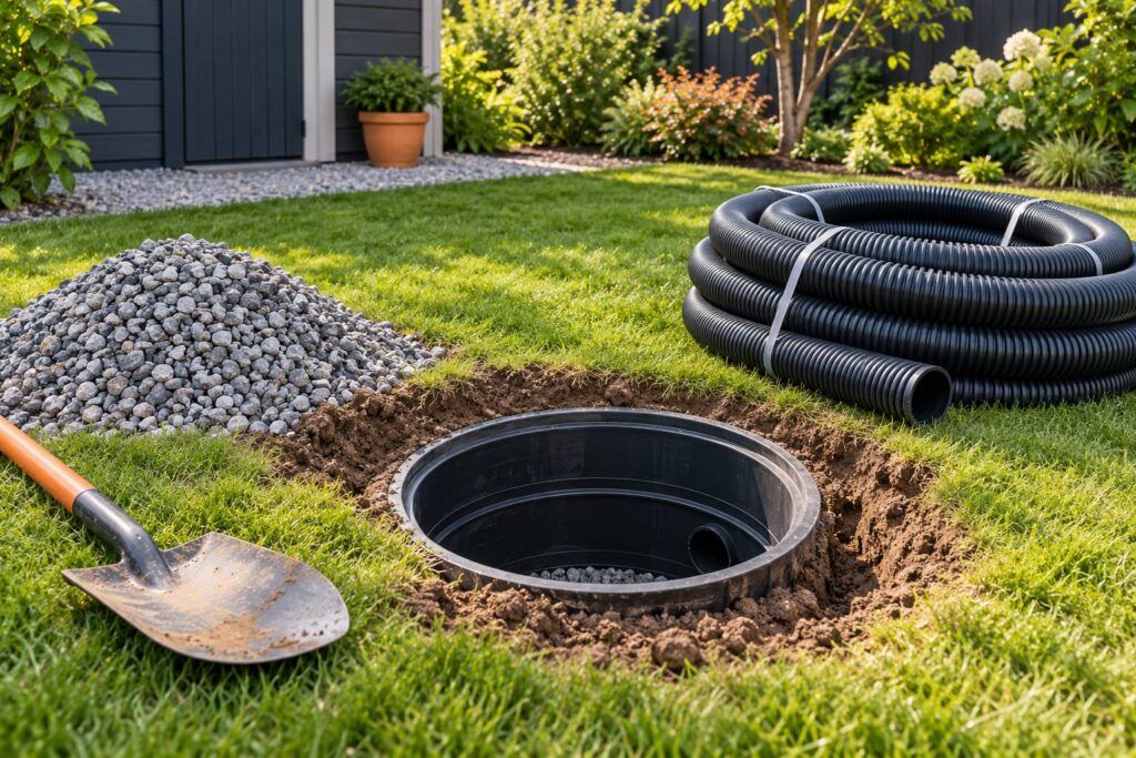 Regard de puisard ouvert dans une pelouse avec tuyau de drainage enroule