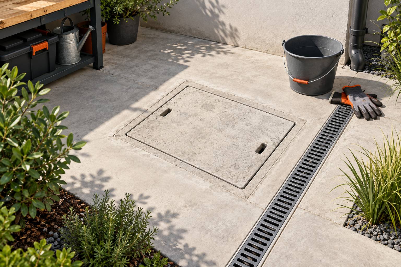 Trappe de puisard en beton et seau dans une cour