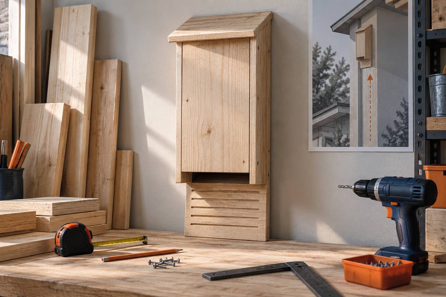 Illustration éditoriale du sujet : Construire un refuge naturel : guide pour fabriquer un nichoir à chauves-souris