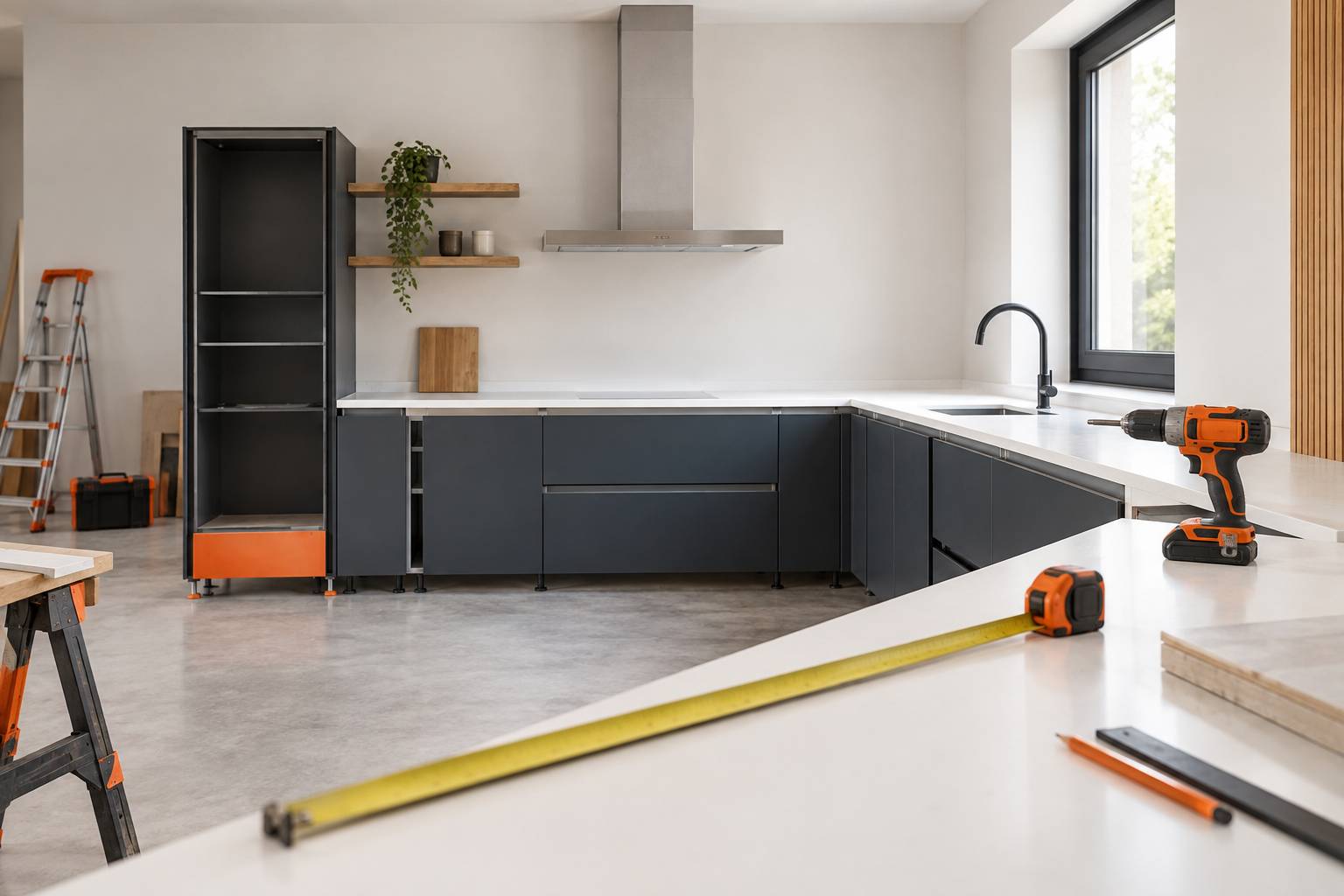 Cuisine partiellement installee avec plan de travail et outils ranges
