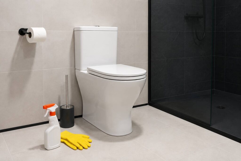 Toilettes en céramique blanche détartrées dans une salle d'eau claire